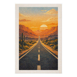 Weite Autobahn Wüstenlandschaft Sonnenuntergang Re Poster