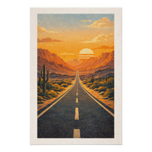 Weite Autobahn Wüstenlandschaft Sonnenuntergang Re Poster