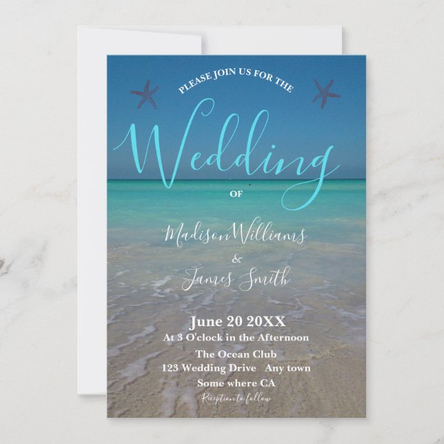 Weitläufige Hochzeit mit weißem Sand und tropische Einladung (Vorderseite)