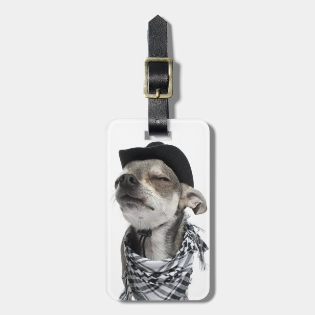 Weitwinkel von Chihuahua mit seinem mustert Gepäckanhänger (Vorderseite vertikal)