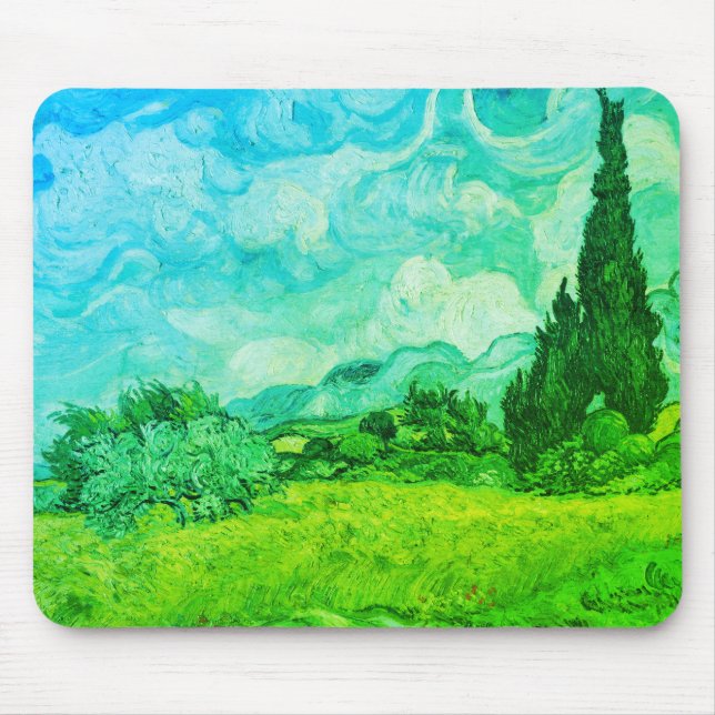 Weizenfeld mit Zypressen Blau-grün: Mousepad (Vorne)