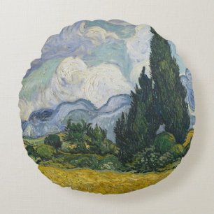 Weizenfeld mit Zypressen, Ölmalerei, Van Gogh Rundes Kissen