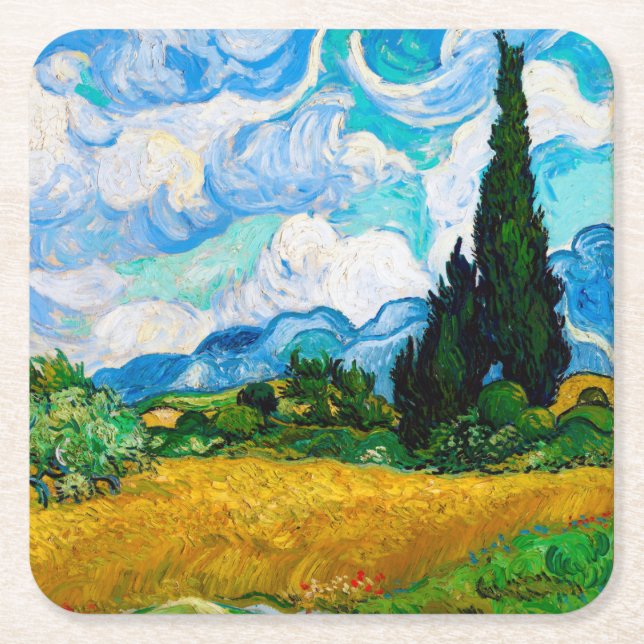 Weizenfeld mit Zypressen, Van Gogh Rechteckiger Pappuntersetzer (Vorderseite)