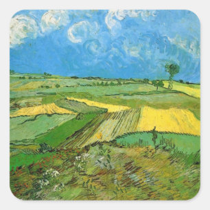 Weizenfelder in Auvers unter bewölktem Himmel, Vin Quadratischer Aufkleber