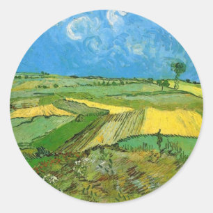 Weizenfelder in Auvers unter bewölktem Himmel, Vin Runder Aufkleber