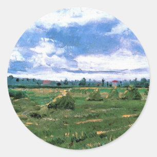 Weizenfelder mit Heuhaufen von Vincent van Gogh Runder Aufkleber