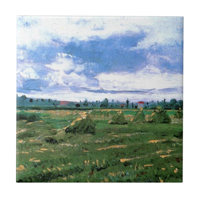 Weizenfelder mit Hystacks von Vincent van Gogh Fliese (Vorderseite)