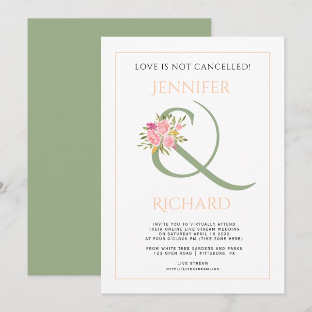 Weizengrün, Pfirsichhütten, Rose - Hochzeit Einladung (Vorne/Hinten)