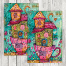 WEIZLICHE TEE-CUP-HAUS DECOUPAGE GEWEBE PAPIER