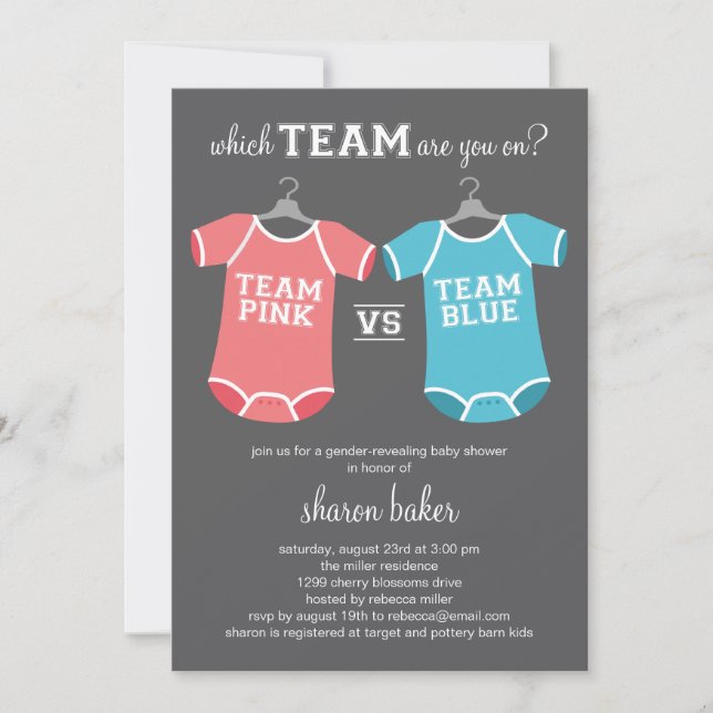 Welches Team? Gender Reveal Baby Dusche Einladung (Vorderseite)