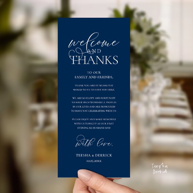 "Welcome and Thanks" Classy Reception Guest Card Programm ("Welcome and Thanks" Classy Wedding Romantic Reception Guest Card in navy blue)