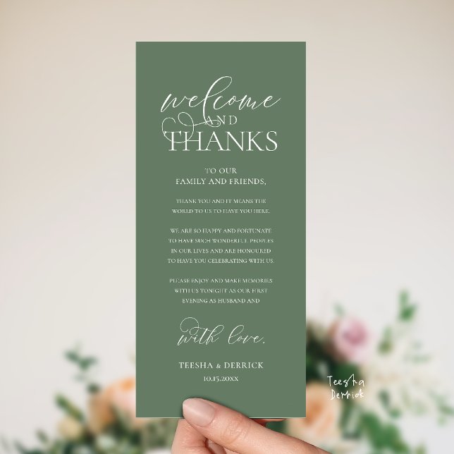 "Welcome and Thanks" Classy Reception Guest Card Programm ("Welcome and Thanks" Classy Wedding Romantic Reception Guest Card in sage green)
