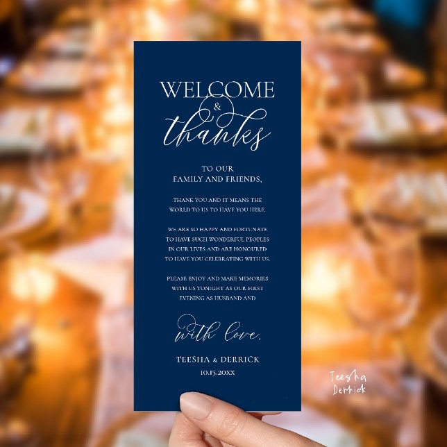 "Welcome and Thanks" Elegant Reception Guest Card Programm ("Welcome and Thanks" Elegant Wedding Reception Guest Thank you Card in Navy Blue)