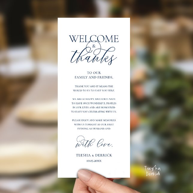 "Welcome and Thanks" Elegant Reception Guest Card Programm ("Welcome and Thanks" Elegant Wedding Reception Guest Thank you Card in Navy Blue)