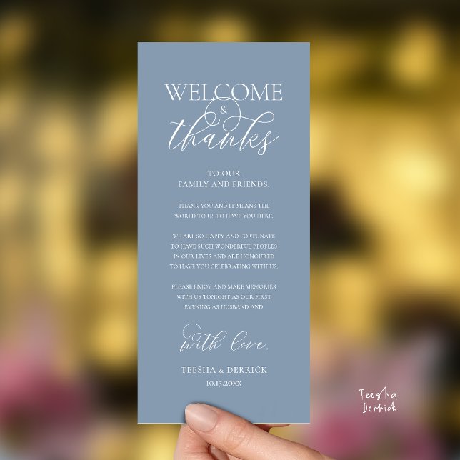 "Welcome and Thanks" Elegant Reception Guest Card Programm ("Welcome and Thanks" Elegant Wedding Reception Guest Thank you Card in Dusty Blue)
