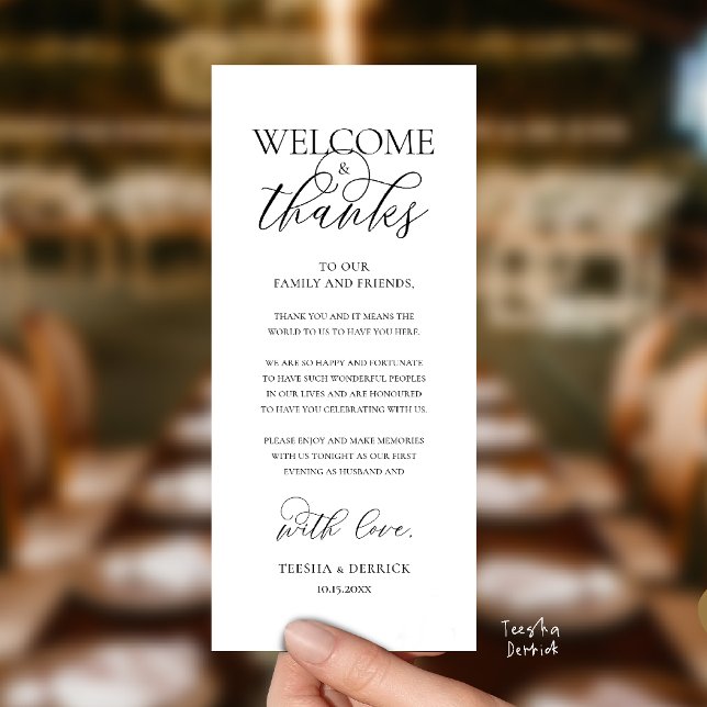 "Welcome and Thanks" Elegant Reception Guest Card Programm ("Welcome and Thanks" Elegant Wedding Reception Guest Thank you Card in Black and white)
