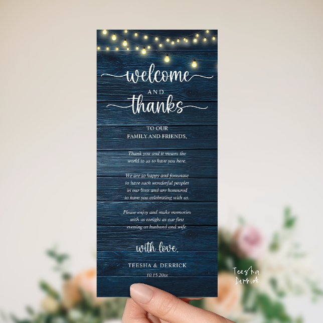 "Welcome and Thanks" Rustic Reception Guest Card Programm ("Welcome and Thanks" Rustic Reception dinner Guest thank you Card in string lights navy blue wood)