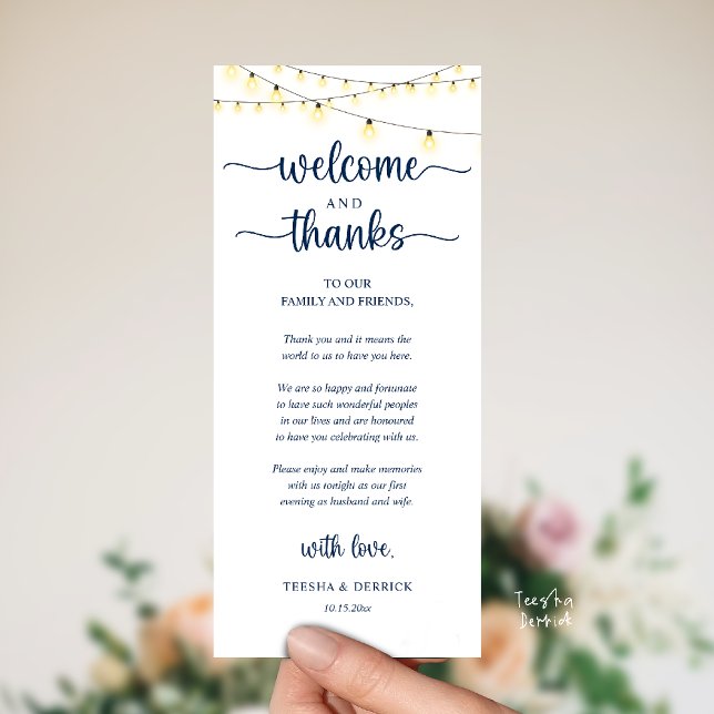 "Welcome and Thanks" Rustic Reception Guest Card Programm ("Welcome and Thanks" Rustic Reception dinner Guest thank you Card in string lights navy blue)