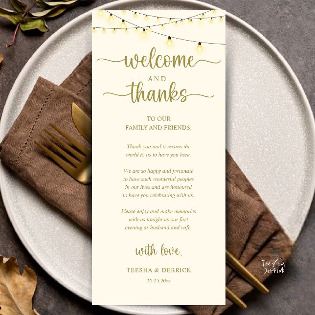 "Welcome and Thanks" Rustic Reception Guest Card Programm ("Welcome and Thanks" Rustic Reception dinner Guest thank you Card in string lights yellow gold)