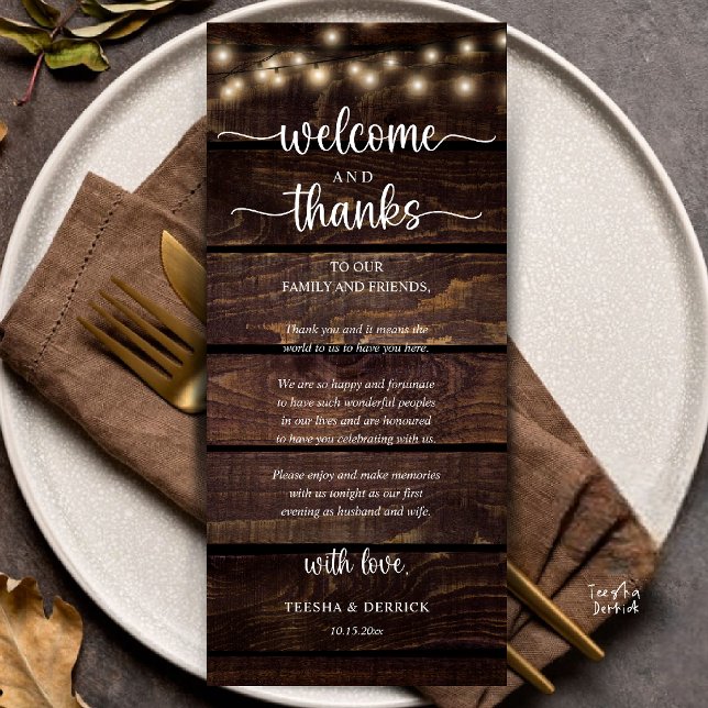 "Welcome and Thanks" Rustic Reception Guest Card Programm ("Welcome and Thanks" Rustic Reception dinner Guest thank you Card in string lights brown wood)