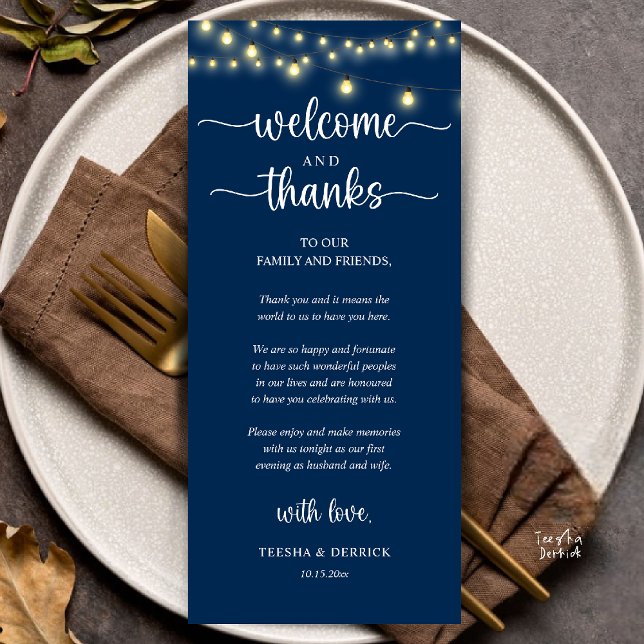 "Welcome and Thanks" Rustic Reception Guest Card Programm ("Welcome and Thanks" Rustic Reception dinner Guest thank you Card in string lights navy blue)