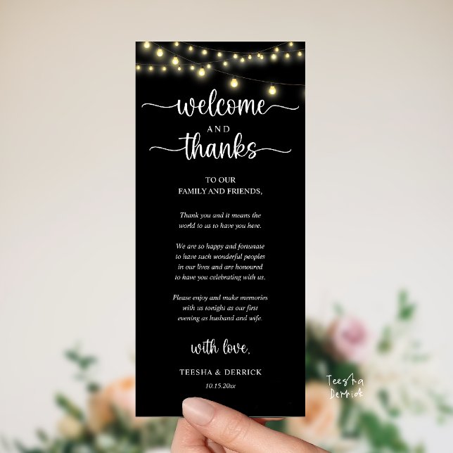 "Welcome and Thanks" Rustic Reception Guest Card Programm ("Welcome and Thanks" Rustic Reception dinner Guest thank you Card in string lights black and white)