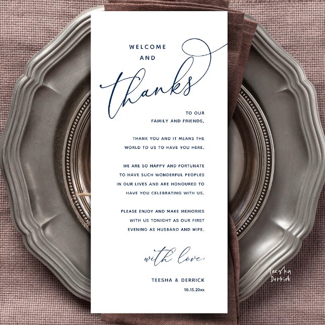 Welcome and Thanks, Wedding Dinner Thank You Card Programm (Welcome and Thanks, Happily Ever After Modern Wedding Dinner Thank You Card in Classy Navy Blue)