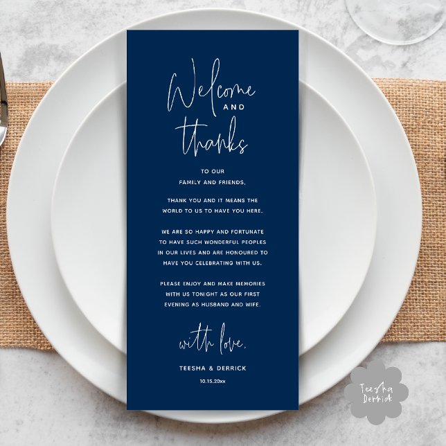 Welcome and Thanks, Wedding Dinner Thank You Card Programm (Welcome and Thanks, Wedding Dinner Thank You Card in Navy Blue)