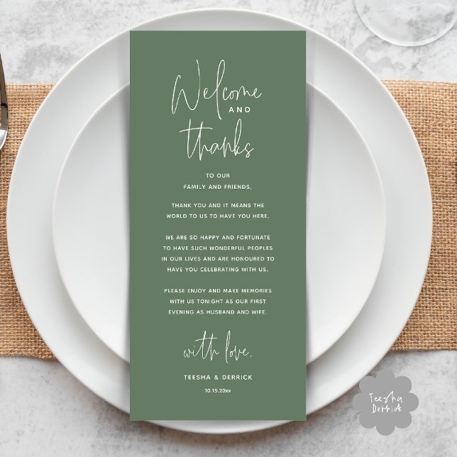 Welcome and Thanks, Wedding Dinner Thank You Card Programm (Welcome and Thanks, Wedding Dinner Thank You Card in Sage Green)
