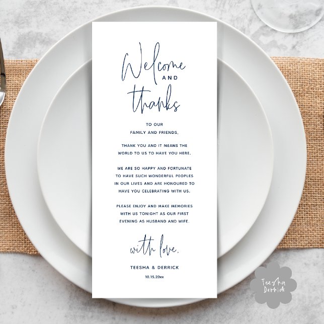 Welcome and Thanks, Wedding Dinner Thank You Card Programm (Welcome and Thanks, Wedding Dinner Thank You Card in Navy Blue)