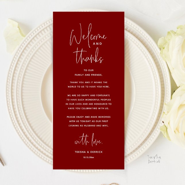 Welcome and Thanks, Wedding Dinner Thank You Card Programm (Welcome and Thanks, Wedding Dinner Thank You Card in Burgundy Wine Deep Red)