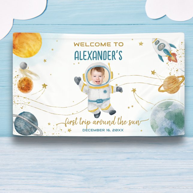 Welcome Around the Sun Space Photo First Birthday Banner (Von Creator hochgeladen)