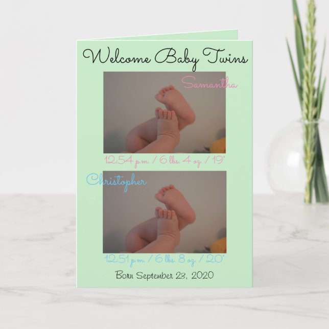 Welcome Babies Boy Girl Twins Birth Stats Card Ankündigung (Vorderseite)