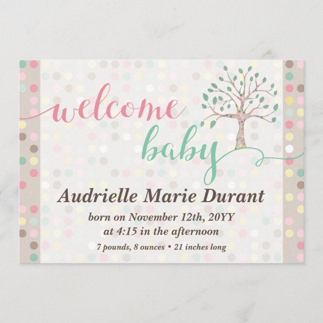 Welcome Baby Announcement Pastel Tree Custom Foto Ankündigung (Vorderseite)