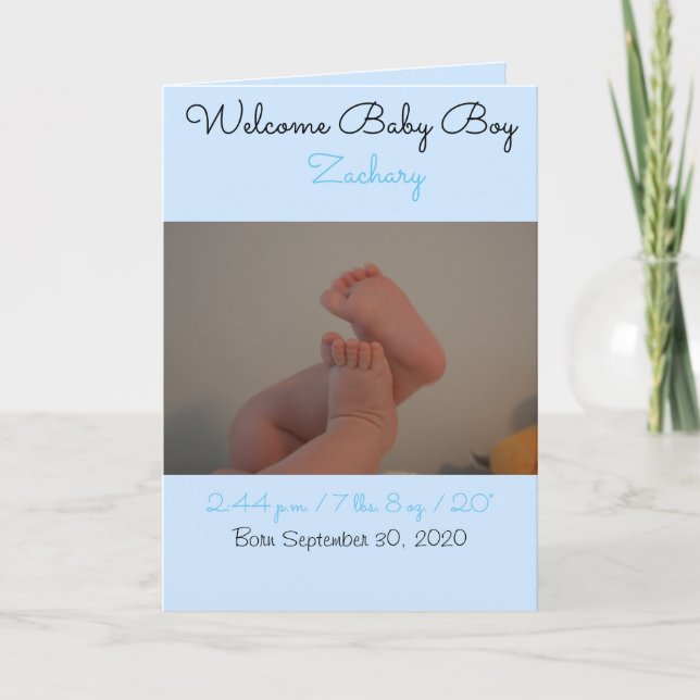 Welcome Baby Boy Birth Stats Fotokarte Ankündigung (Vorderseite)