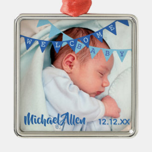 Welcome Baby Boy Blue Banners Datum, Name, Foto Silbernes Ornament