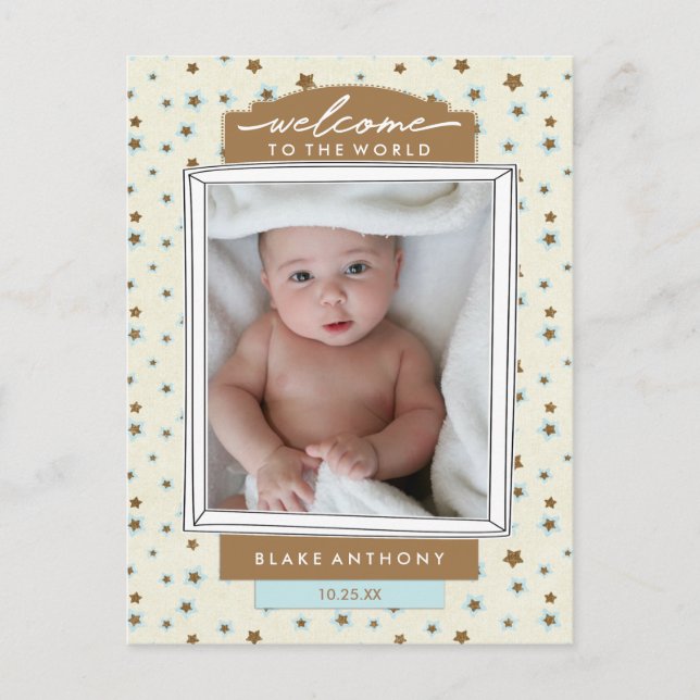Welcome Baby Boy Geburtshilfeverkündung Blue Stars Ankündigungspostkarte (Vorderseite)