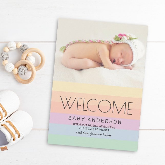 Welcome Baby Elegant Pastel Rainbow Foto Birth Ankündigung (Von Creator hochgeladen)