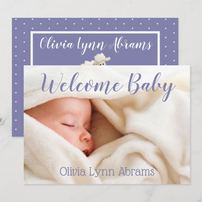 Welcome Baby Foto Card Lila Ankündigung (Vorne/Hinten)