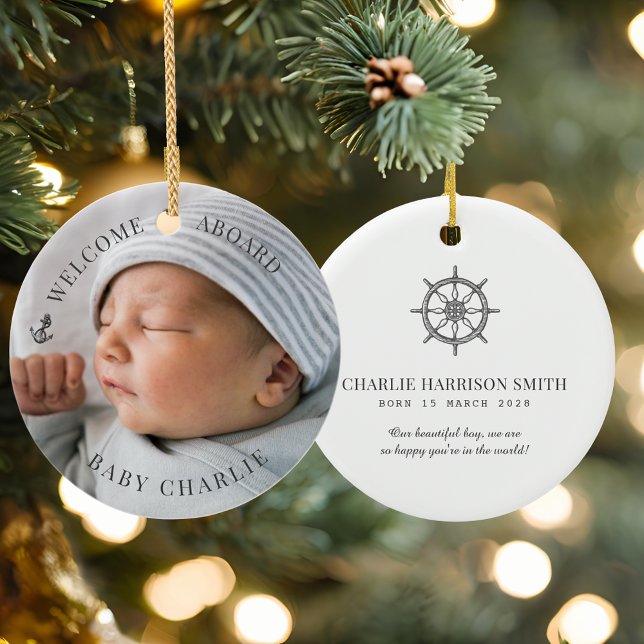Welcome Baby Foto Keramik Ornament ("Welcome Aboard" personalized baby photo Christmas Ornament )