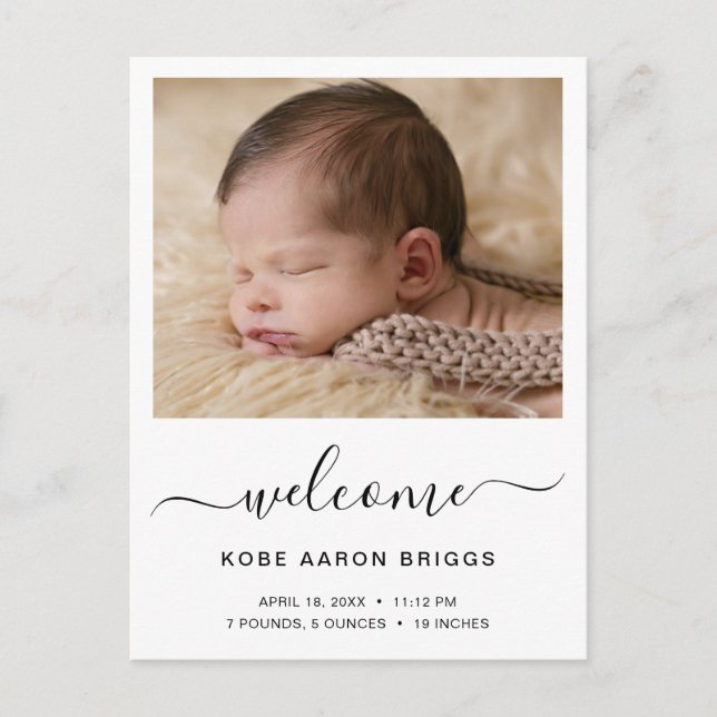 Welcome Baby Foto Minimalistisch Birth Ankündigungspostkarte (Vorderseite)