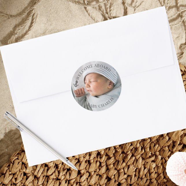 Welcome Baby Foto Umschlag Aufkleber (Welcome Aboard Envelope seal with personalized baby photo and name)