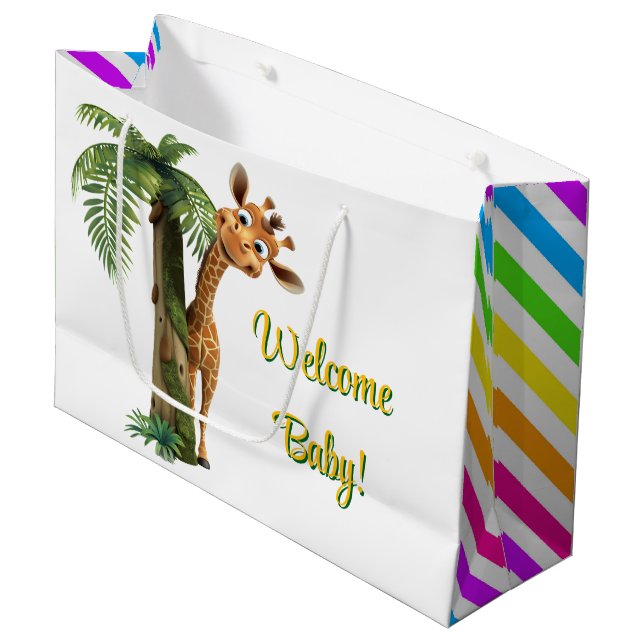 Welcome Baby Giraffe Große Geschenktüte (Vorderseite Schrägansicht)