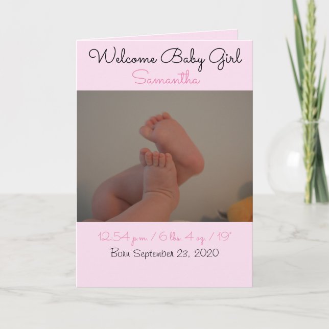 Welcome Baby Girl Birth Stats Foto Card Ankündigung (Vorderseite)