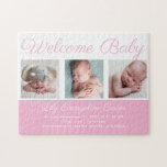 Welcome Baby Girl Blue Cute Newborn Photo Gift<br><div class="desc">Welcome baby. A classic baby girl photo birth announcement puzzle gift in pretty pink with beautiful cursive typography above your sweet newborn photograph collage.</div>