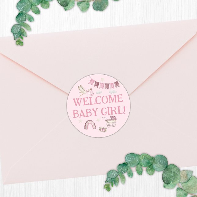 Welcome Baby Girl Sticker mit Watercolor Storch (Welcome Baby Girl Sticker with Watercolor Stork)