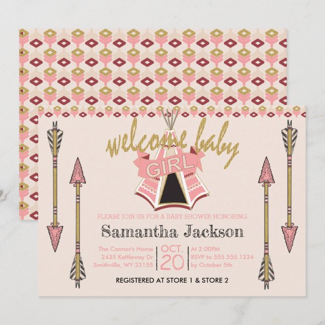 Welcome Baby Girl - Teepee und Pfeile Einladung (Vorne/Hinten)