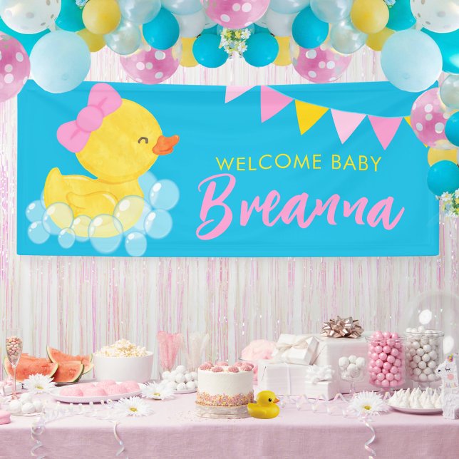 Welcome Baby Large Girl Rubber Duck Baby Duck Baby Banner (Large Girl Rubber Duck Welcome Baby Hanging Vinyl Baby Shower Banner in Blue)