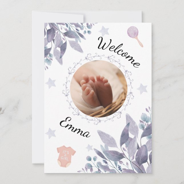 Welcome baby round photo girl einladung (Vorderseite)