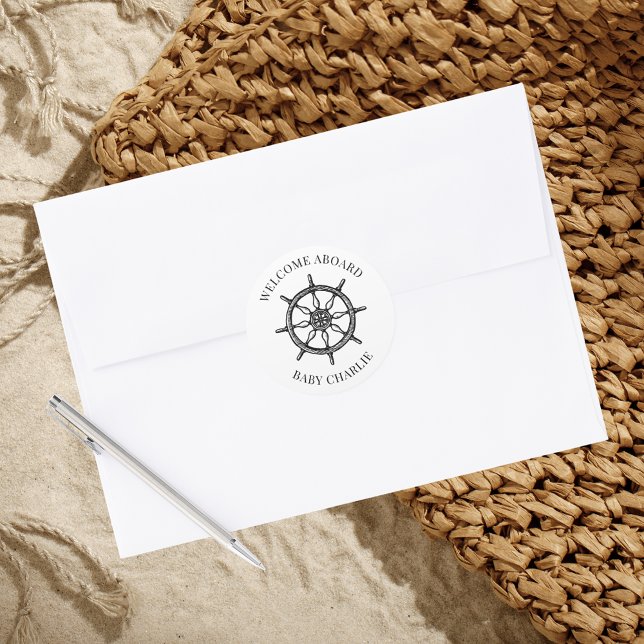 Welcome Baby Ship's Wheel Umschlag Aufkleber (Welcome Aboard Baby Announcement Envelope Seal with ship wheel hand drawing)